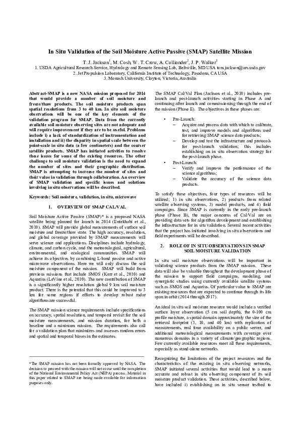 Pdf In Situ Validation Of The Soil Moisture Active Passive Smap