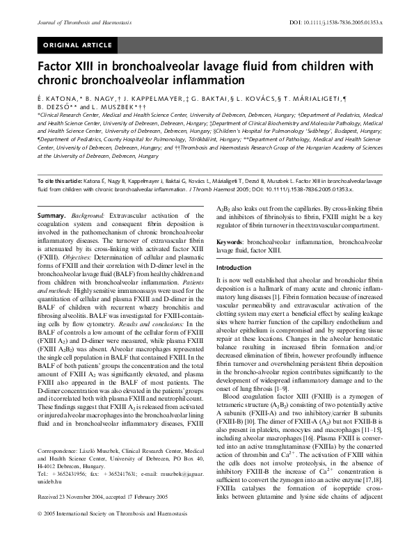 (PDF) Factor XIII in bronchoalveolar lavage fluid from children with ...