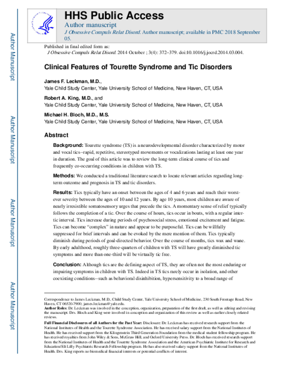 (PDF) Clinical features of Tourette syndrome and tic disorders