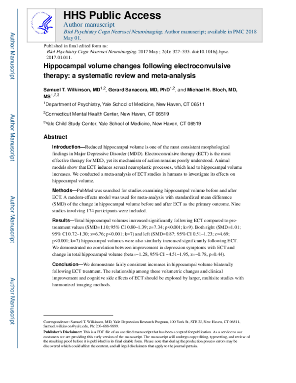 (PDF) Hippocampal Volume Changes Following Electroconvulsive Therapy: A ...