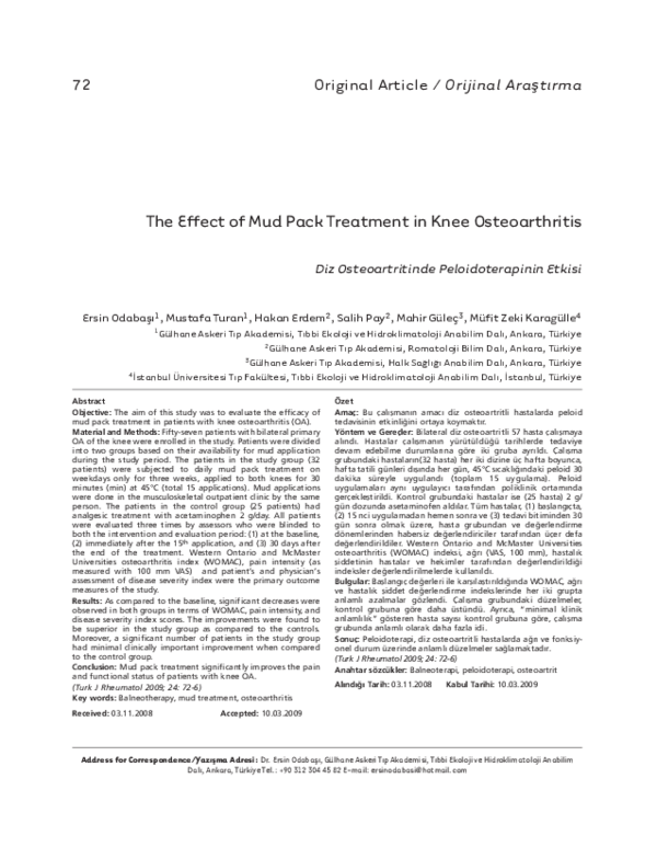 (PDF) The Effect of Mud Pack Treatment in Knee Osteoarthritis mustafa