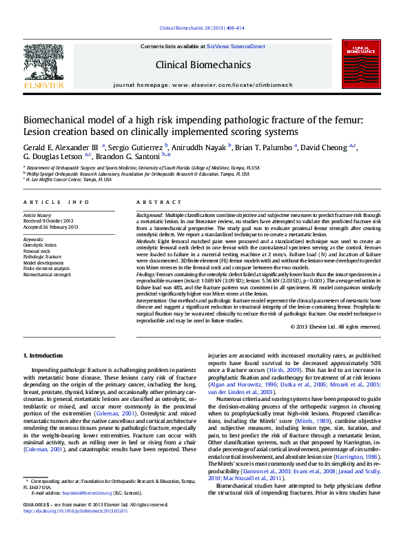(PDF) Biomechanical model of a high risk impending pathologic fracture ...