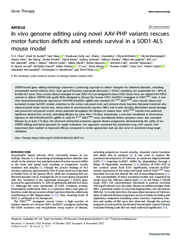 (PDF) In vivo genome editing using novel AAV-PHP variants rescues motor ...