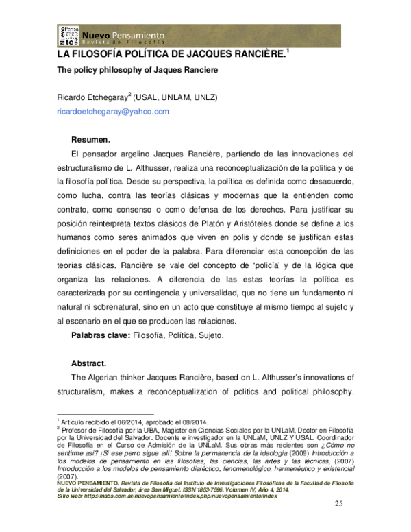 (PDF) La Filosofía Política De Jacques Rancière
