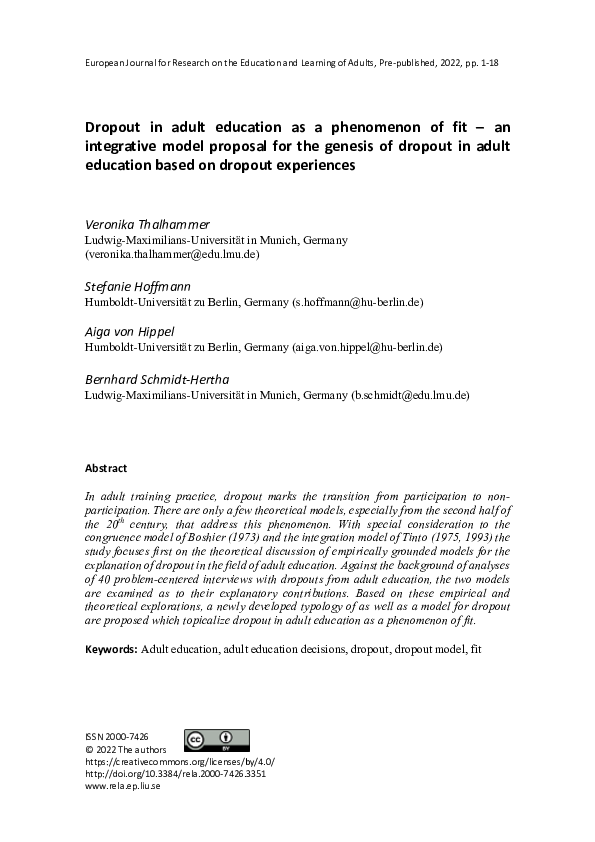 (PDF) Dropout in adult education as a phenomenon of fit – an ...