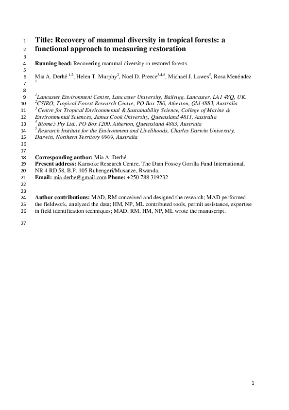 (PDF) Recovery of mammal diversity in tropical forests: a functional ...