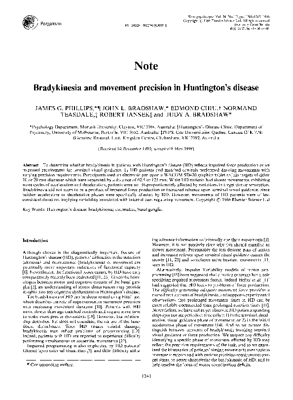 (PDF) Bradykinesia and movement precision in Huntington's disease ...