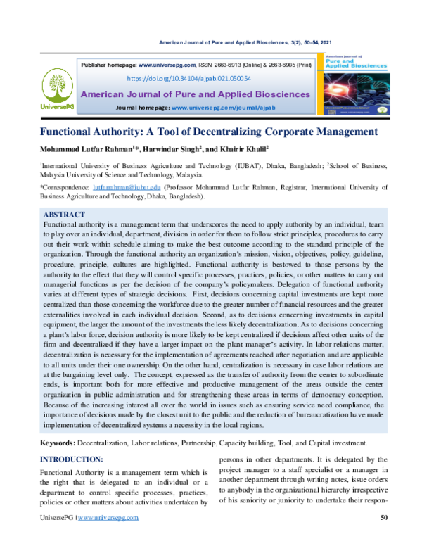 (PDF) Functional Authority: A Tool of Decentralizing Corporate Management