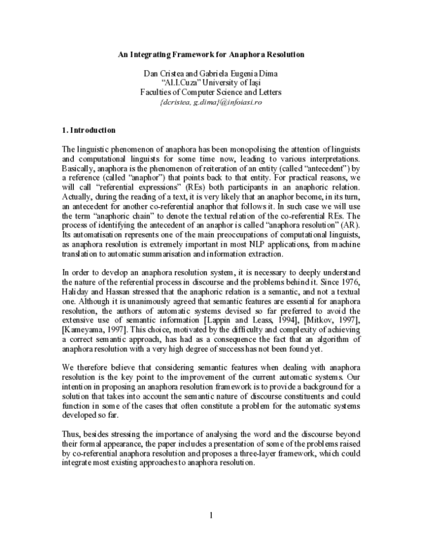 (PDF) 1 An Integrating Framework for Anaphora Resolution