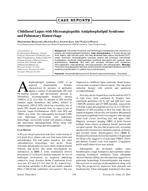 (PDF) Childhood lupus with microangiopathic antiphospholipid syndrome ...
