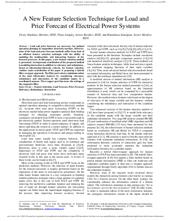 (PDF) A New Feature Selection Technique for Load and Price Forecast of ...