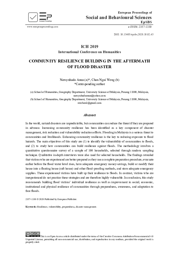 (PDF) Community Resilience Building In The Aftermath Of Flood Disaster