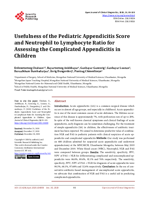 (PDF) Usefulness of the Pediatric Appendicitis Score and Neutrophil to ...