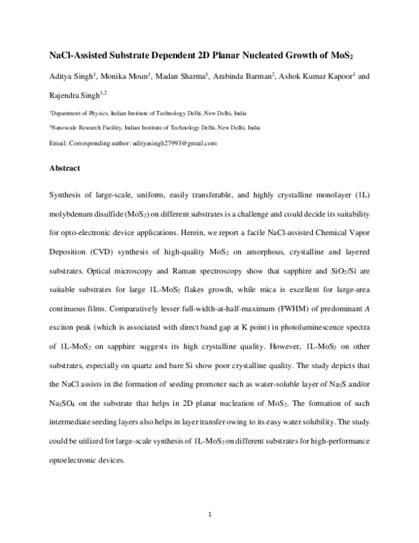 (PDF) NaCl-assisted substrate dependent 2D planar nucleated growth of MoS2