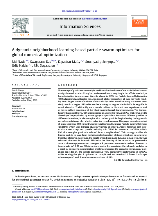 (PDF) A dynamic neighborhood learning based particle swarm optimizer ...