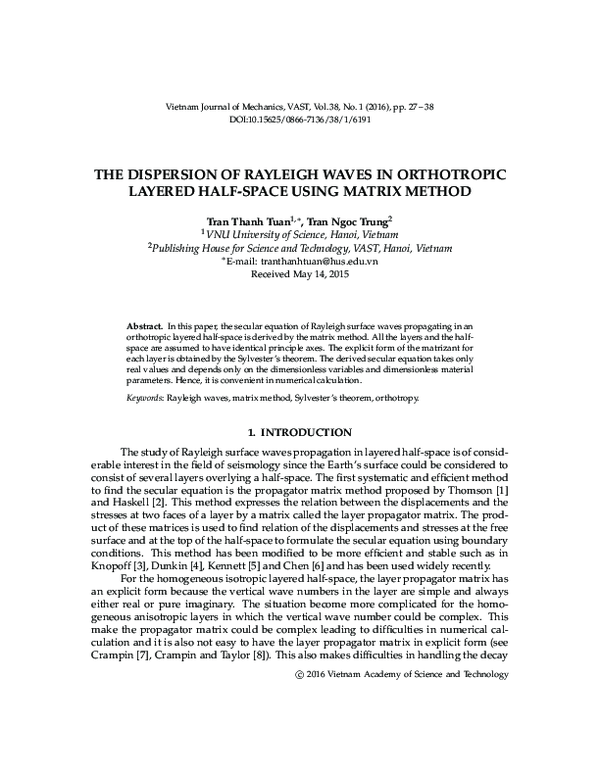 (PDF) The dispersion of Rayleigh waves in orthotropic layered half ...