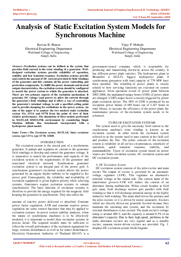 (PDF) Analysis of Static Excitation System Models for Synchronous Machine