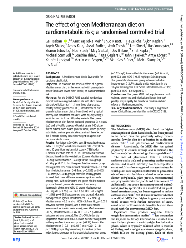 (PDF) The effect of green Mediterranean diet on cardiometabolic risk; a ...