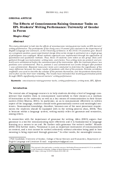 (PDF) The Effects of Consciousness Raising Grammar Tasks on EFL ...