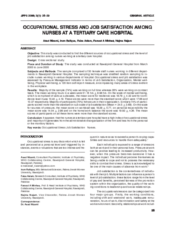(PDF) Occupational Stress and Job Satisfaction Among Nurses at a ...