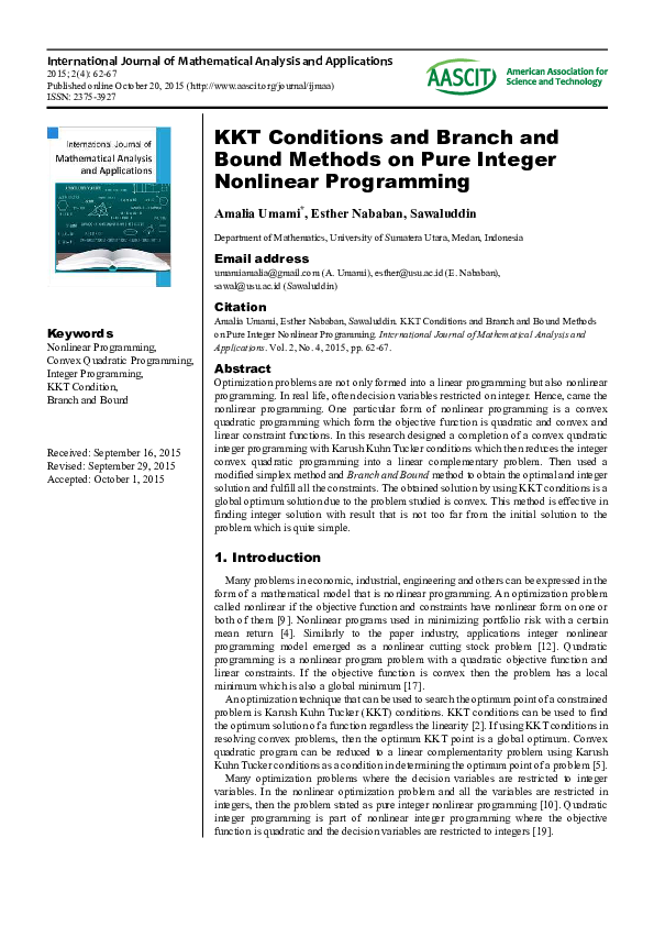 (PDF) KKT Conditions and Branch and Bound Methods on Pure Integer ...