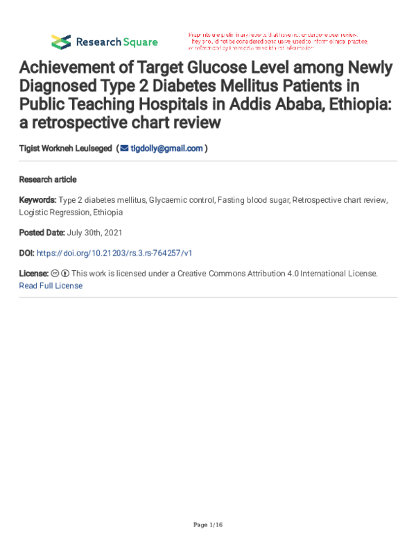 (PDF) Achievement of Target Glucose Level among Newly Diagnosed Type 2 ...