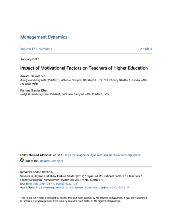 Pdf Impact Of Motivational Factors On Teachers Of Higher Education