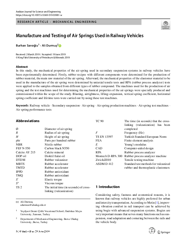 (PDF) Manufacture and Testing of Air Springs Used in Railway Vehicles