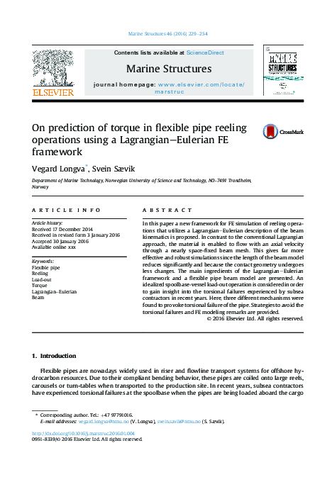 (PDF) On prediction of torque in flexible pipe reeling operations using ...