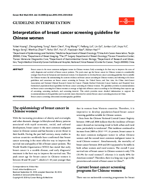 (PDF) Interpretation of breast cancer screening guideline for Chinese women