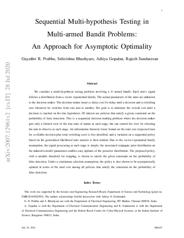(PDF) Sequential Multi-Hypothesis Testing in Multi-Armed Bandit ...