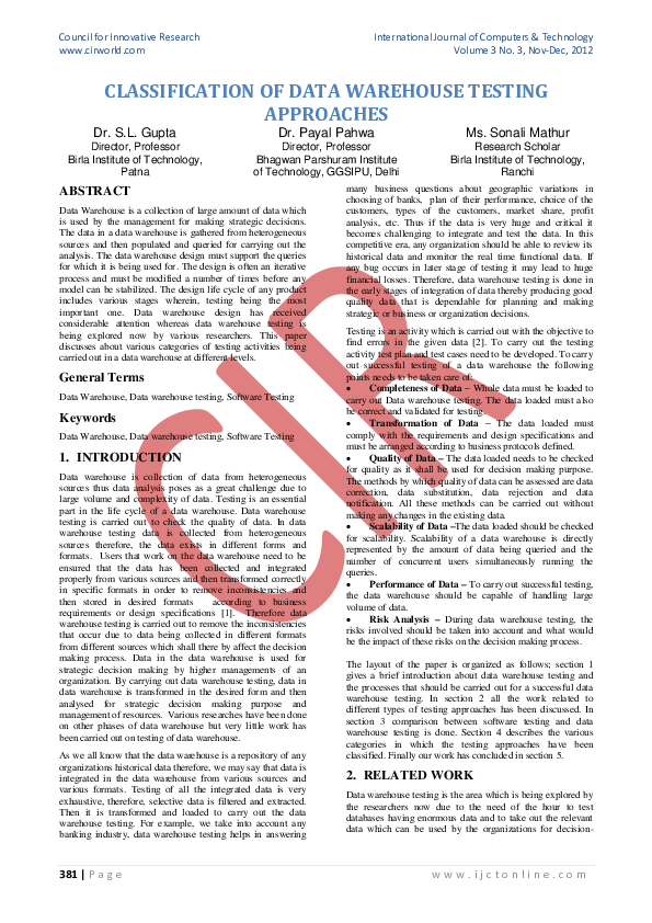 (PDF) Classification of Data Warehouse Testing Approaches