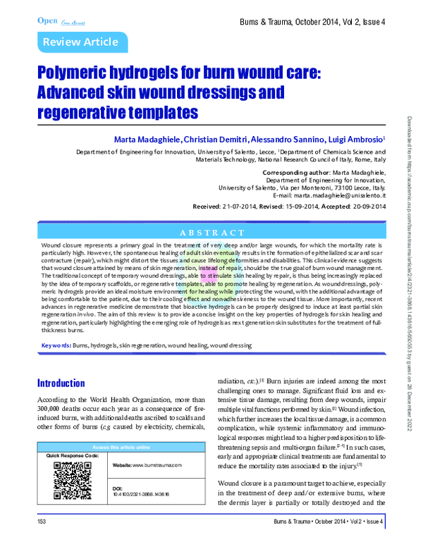 (PDF) Polymeric hydrogels for burn wound care: Advanced skin wound ...