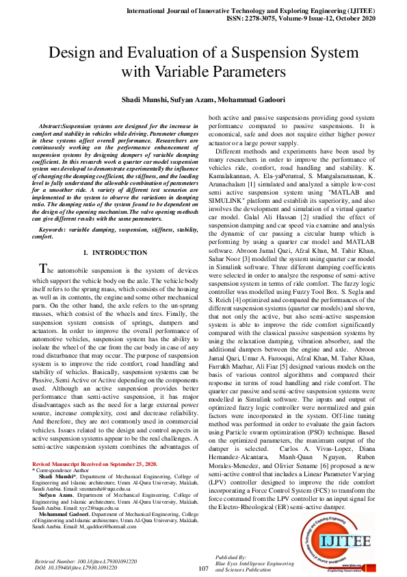 (PDF) Design and Evaluation of a Suspension System with Variable Parameters
