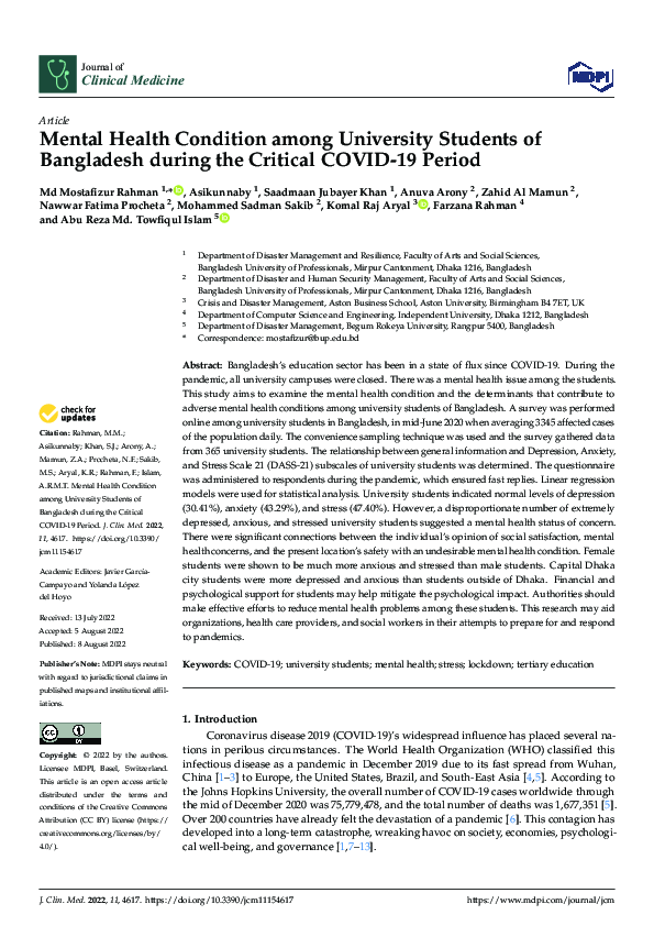 (PDF) Mental Health Condition among University Students of Bangladesh ...