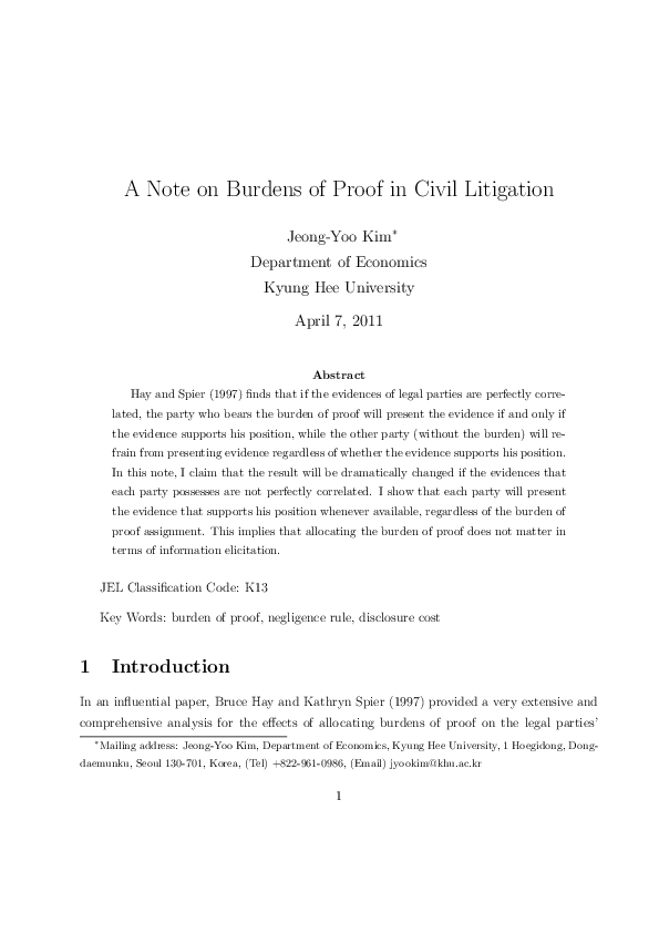 (PDF) A note on burdens of proof in civil litigation
