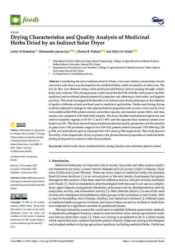 (PDF) Drying Characteristics and Quality Analysis of Medicinal Herbs ...