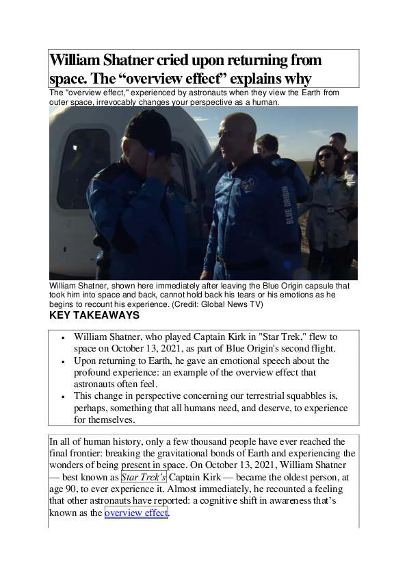 (PDF) William Shatner cried upon returning from space. The 