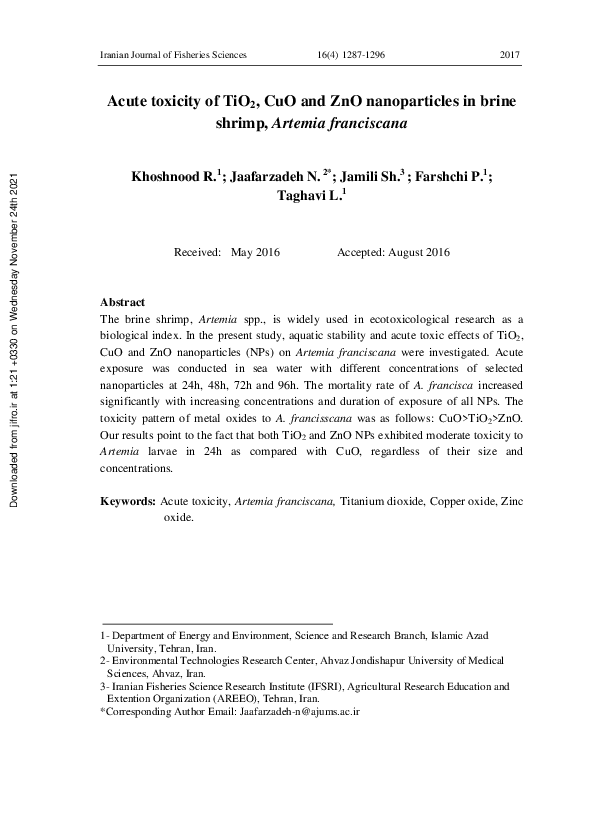 (PDF) Acute toxicity of TiO2, CuO and ZnO nanoparticles in brine shrimp ...