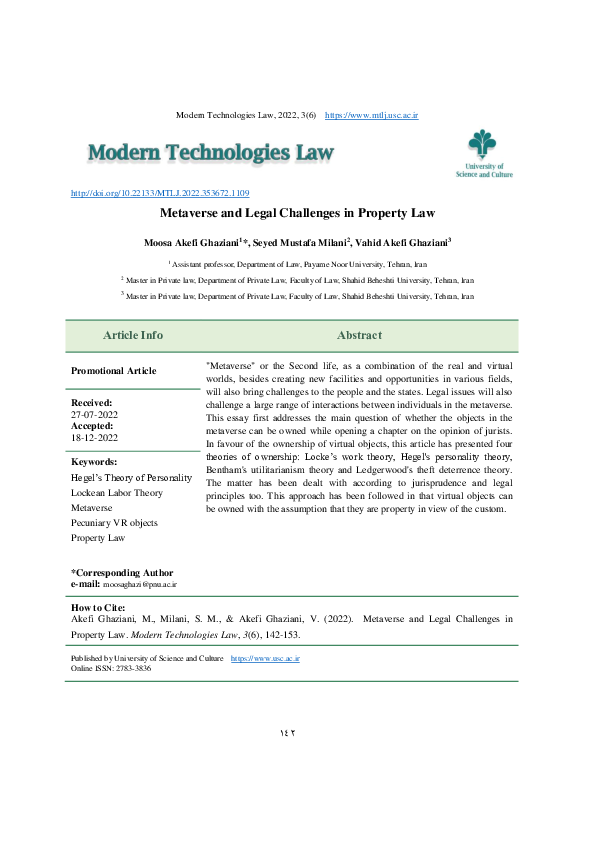 (PDF) Metaverse and Legal Challenges ‫‬ in Property Law