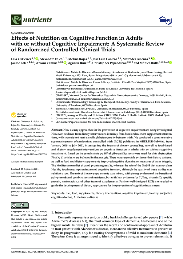 (PDF) Effects of Nutrition on Cognitive Function in Adults with or ...