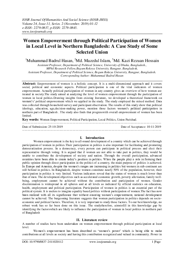 (PDF) Women Empowerment through Political Participation of Women in ...