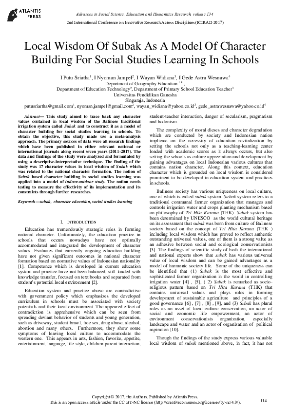 (PDF) Local Wisdom Of Subak As A Model Of Character Building For Social ...