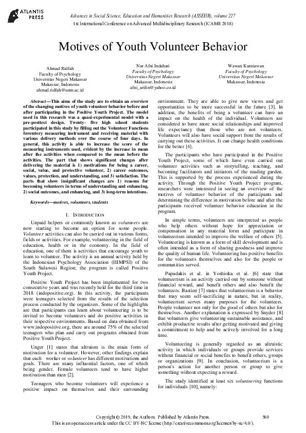 (PDF) Motives of Youth Volunteer Behavior