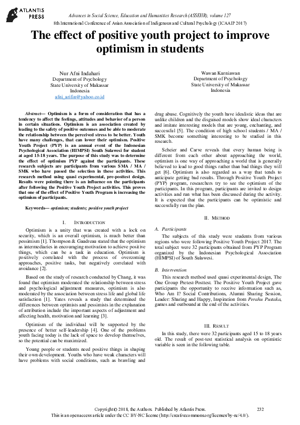 (PDF) The Effect of Positive Youth Project to Improve Optimisim in Students
