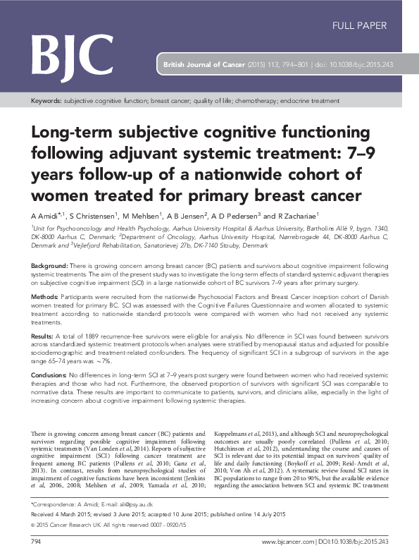 Long-term subjective cognitive functioning following adjuvant systemic treatment: 7–9 years follow-up of a nationwide cohort of women treated for primary breast cancer