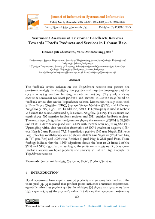 (PDF) Sentiment Analysis of Customer Feedback Reviews Towards Hotel’s ...