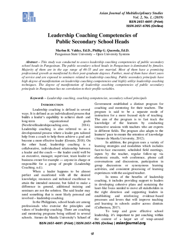 (PDF) Leadership Coaching Competencies of Public Secondary School Heads