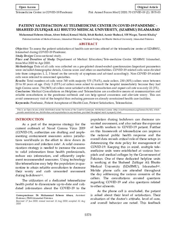 (PDF) Patient Satisfaction at Telemedicine Center in COVID-19 Pandemic ...