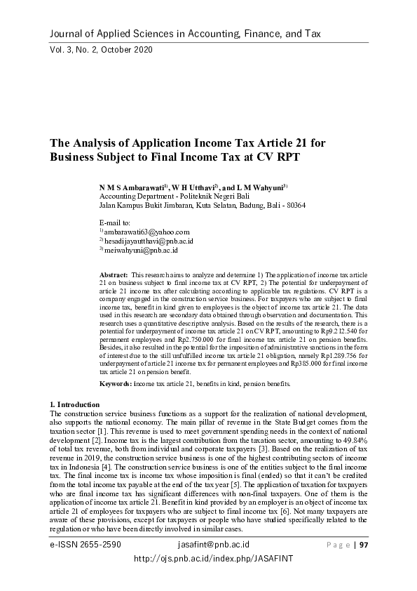 (PDF) The Analysis of Application Income Tax Article 21 for Business ...